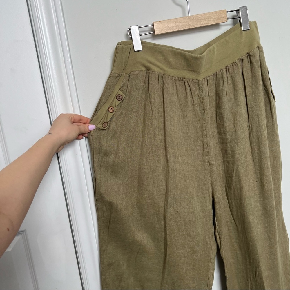 Olive Green 100% Linen Wide Leg Pants 1X High Waist Lightweight Summer Trousers - Picture 8 of 9